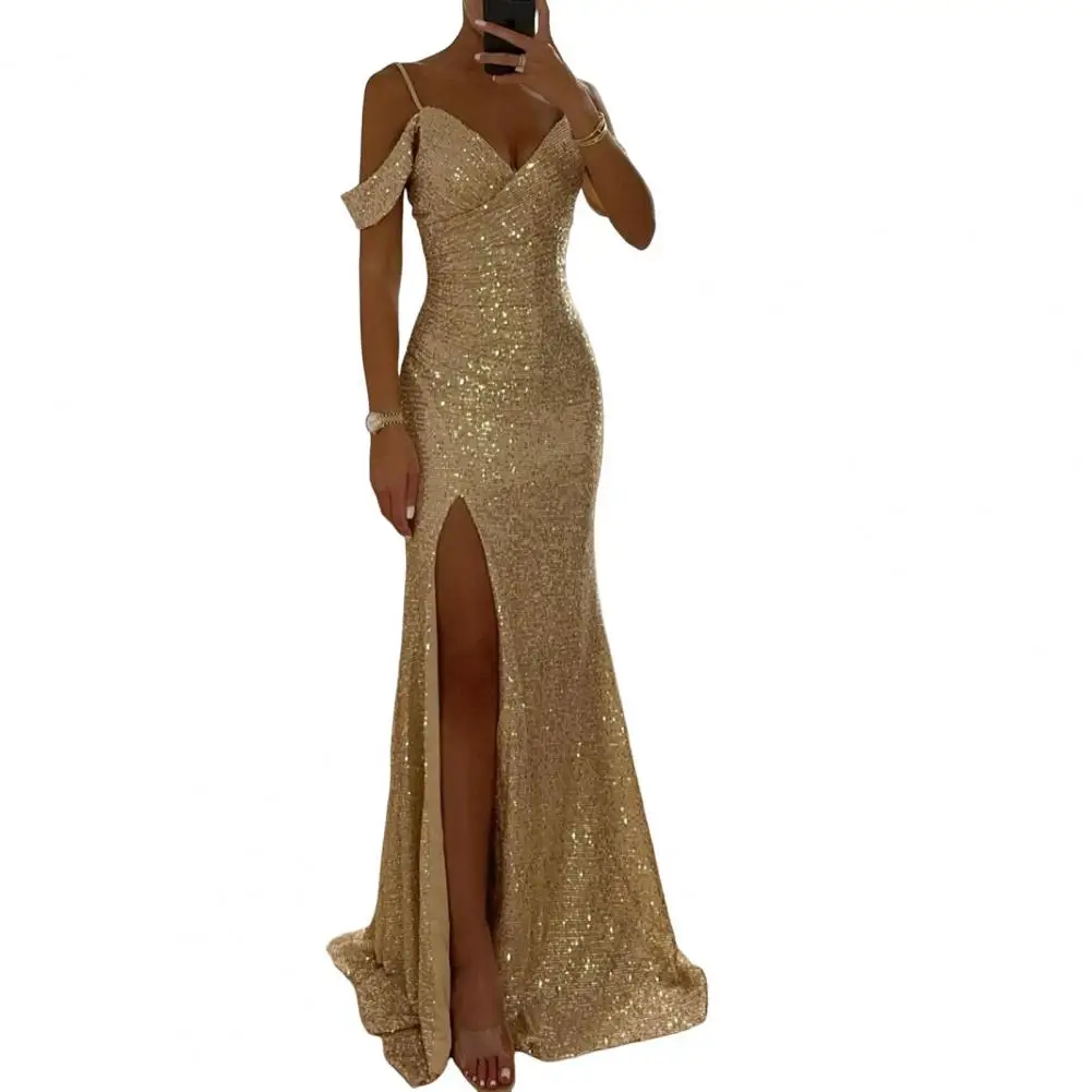 Women Sequin Suspender Dress Long Dress Elegant Sequin Ball Gown for Prom Wedding Parties Off Shoulder V Neck Maxi for Banquets