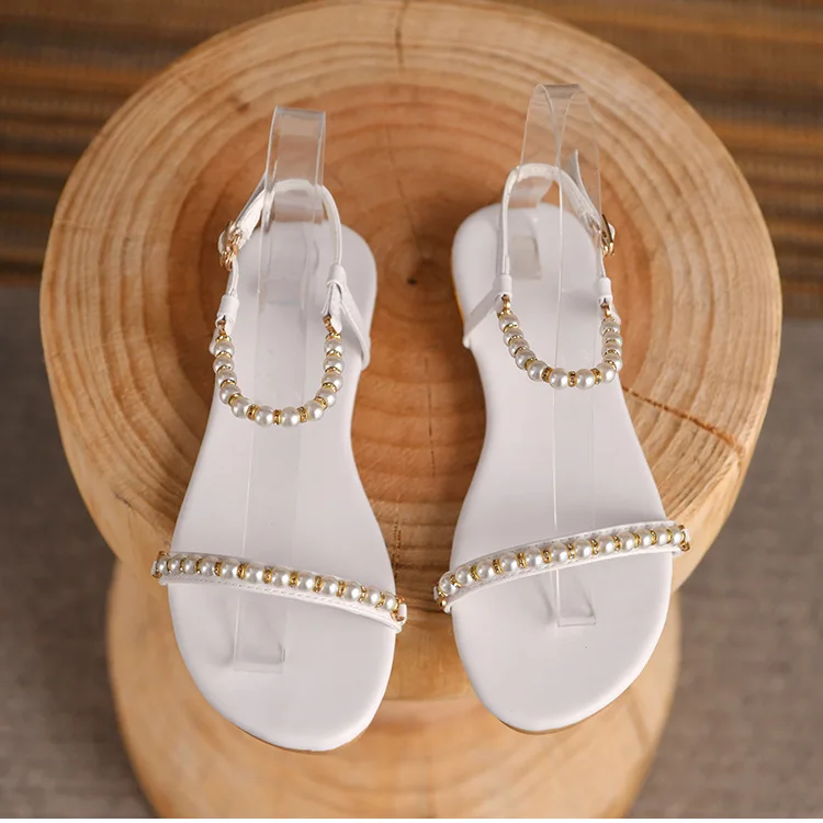 Sheepskin Summer Sandals Female Super Fairy One Line Belt Fashion Dress Shoes Net White Gold Flat Shoe Beaded Rhinestones