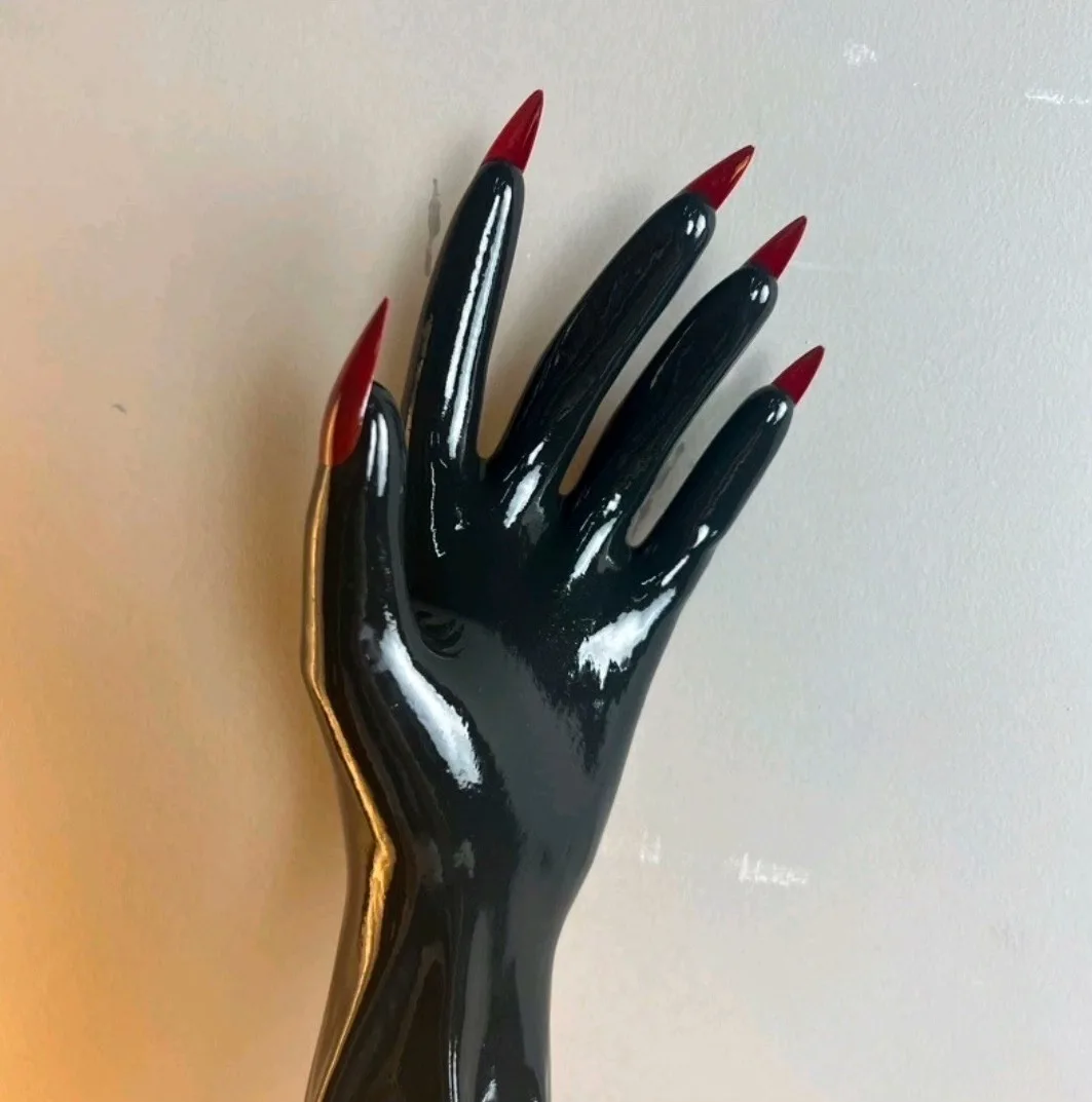 Crossdress Male To Female Oil Shiny black Super Thin Latex Zentai Long Red Flat Nails Fetish Sheer Cosplay Kigurumi Gloves