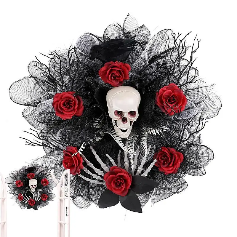 Halloween Skeleton Wreath Ghost Rose Wreath Decorations Interior Decoration Ornament Scary Wreath for Halloween Decorations