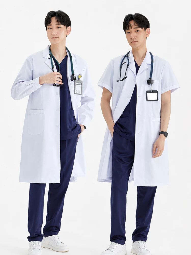 Laborkittel mit Reverskragen, Weiß, 65% Polyester 35% Baumwolle, Herren Slim Fit Laborkittel mit Langen Ärmeln, Hochwertiger Laborkittel XK002