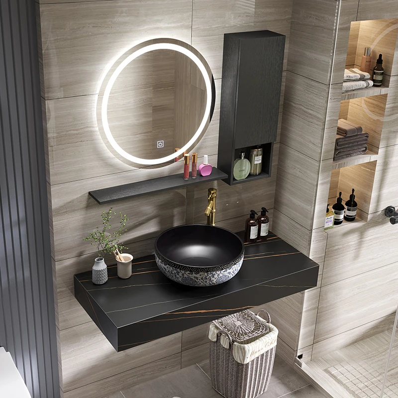 

Luxury Bathroom Slate Vanity Intelligent Mirror Bathroom Cabinet Combination Rock Slab Countertop Washbasin Sink Bathroom Sets