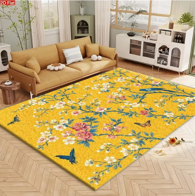 Yellow Background Chinese Style Bird And Flower Area Rug Oriental carpet flooring for Bedroom Living Room Home