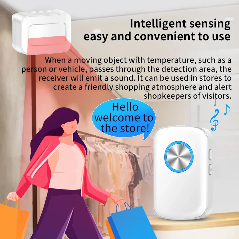 CACAZI Intelligent IR Wireless Motion Sensor Detect Alarm /Retail Store Store Entrance Alert Bell 45 Ringtones UK/AU/US/EU Plug