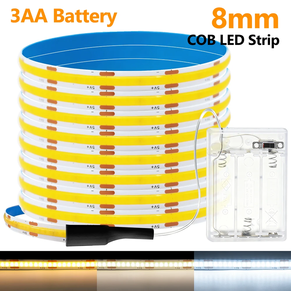 COB LED Strip Night Lights DC 5V Battery Operated with ON OFF Switch 320 LEDs Flex Tape 9 Colors for Kitchen Bedroom Hallway