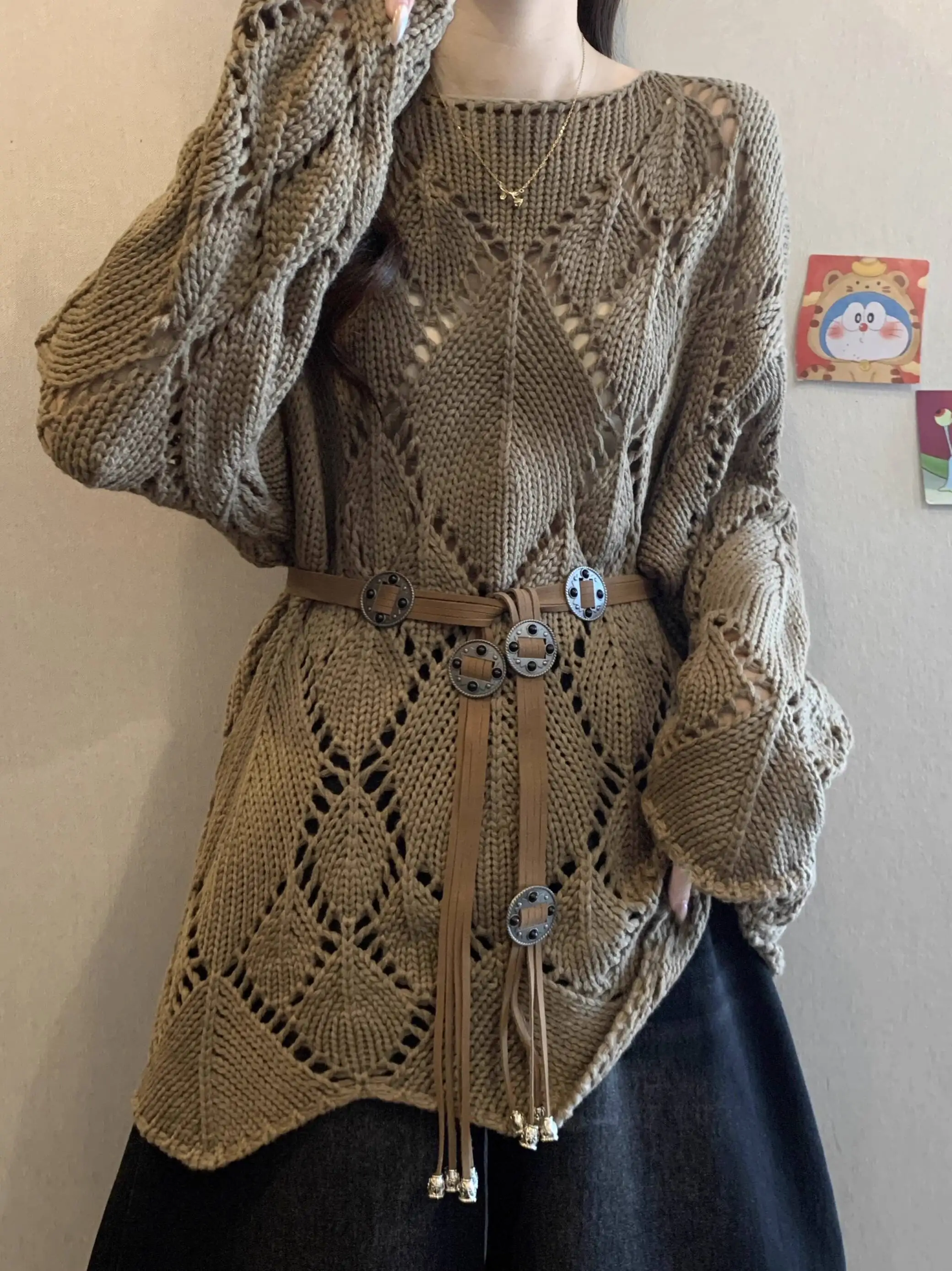 2025 Herfst Vrouwen Trui Plus Size Vrouwen Maillard Koffie Hol Lange Losse Gebreide Top Taille Cinching Slim Fit