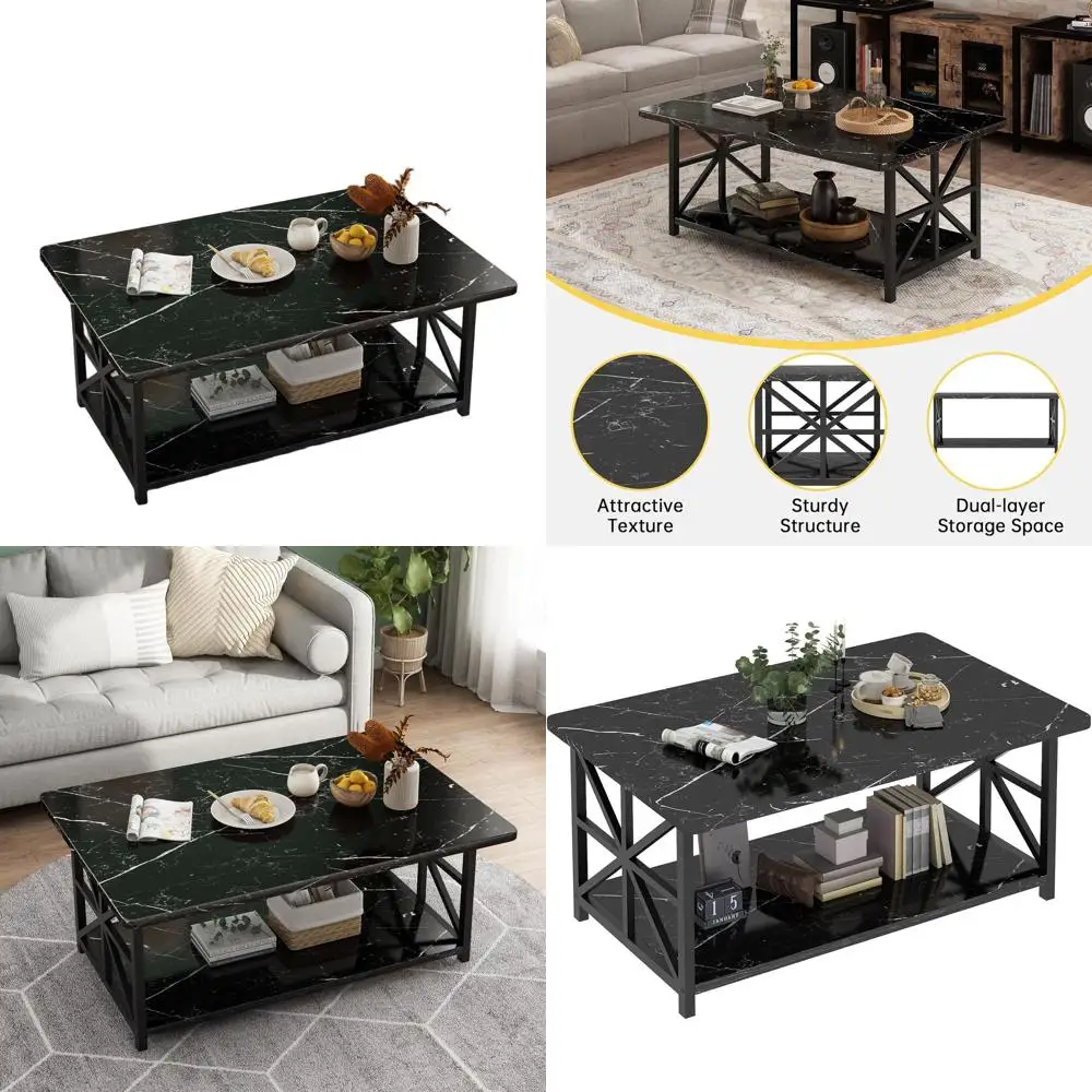 Modern Rectangular 2-Tier Coffee Table with Storage, Faux Marble Top, Black Frame for Living Room