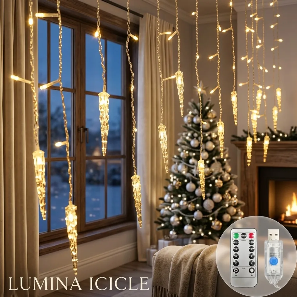 USB Powered Icicle Fairy String Lights 96/162LED Multicolor Remote for Christmas Indoor Home Festive Room Window Table Decor