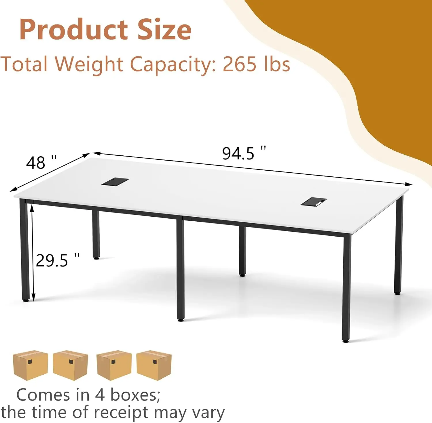 Mesa erence, mesa retangular de computador de escritório de 95" x 48" com estrutura de metal resistente, 2 ilhós de cabo, mesa de gerenciamento moderna para M