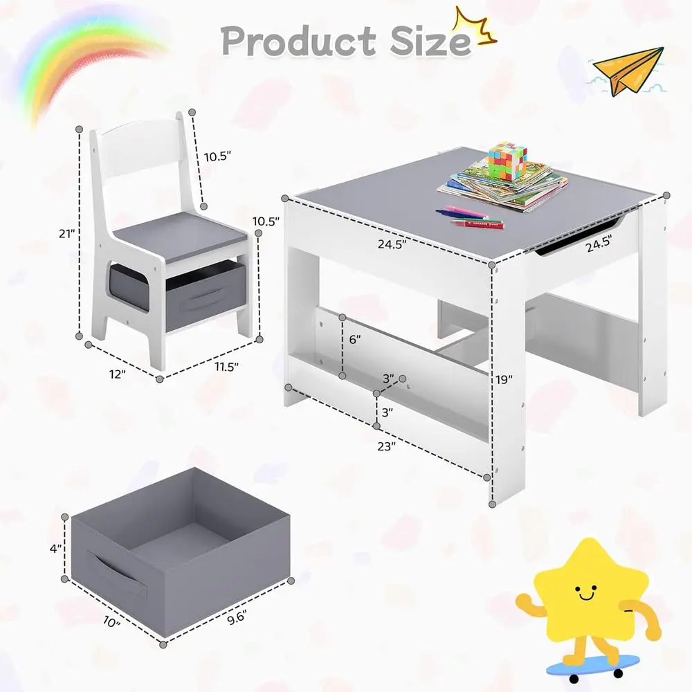 Kids Table and Chair Set, 3 in 1 Wooden Activity Table with Detachable Tabletop, Toddler Table and Chair Set with Storage Der, K