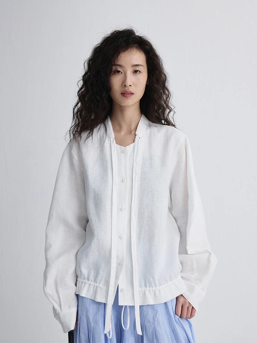 

Женская модная футболка CAREMIND из синего льняного материала с воротником-стойкой и завязками, свободного кроя, на все сезоны