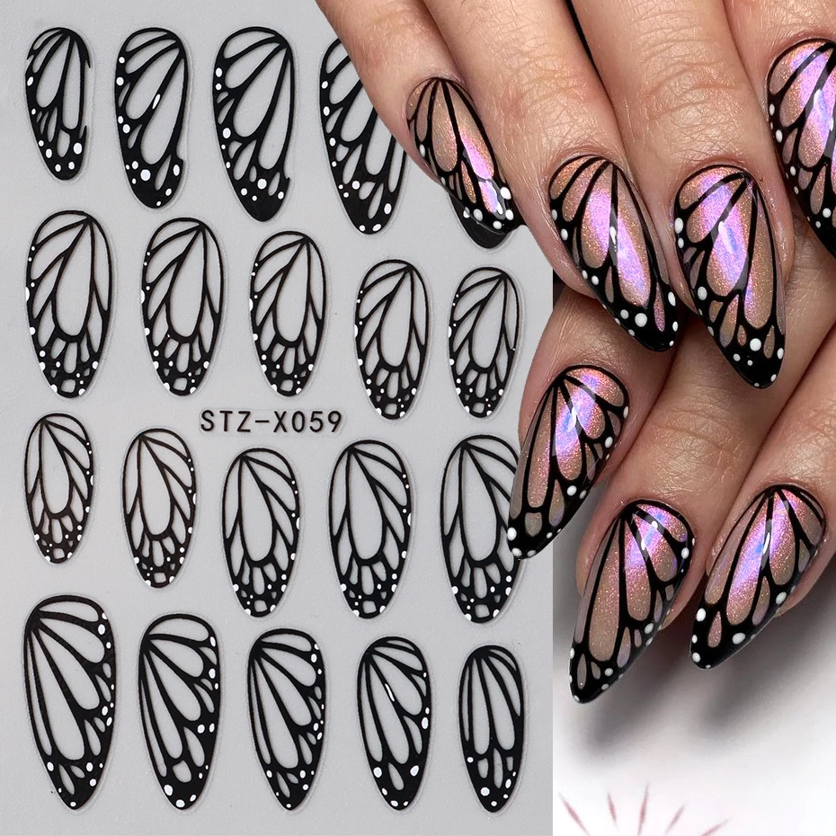 Atemberaubende schwarze Schmetterlingsflügel-Nagelaufkleber, Charm-Nageldesigns, selbstklebende Slider-Folien, Abziehbilder, Nagelkunst-Dekorationen, Maniküre