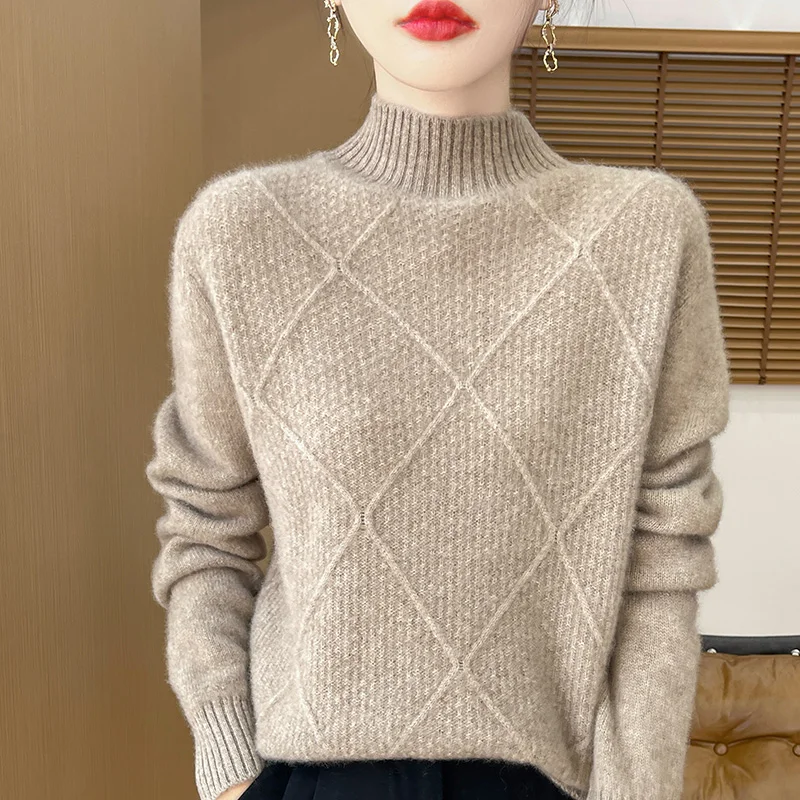 

High Quality Wool Turtleneck Sweater Women Autumn Winter Knit Long Sleeve Top Fashion Plaid Pullover Basics Female Loose Jumper