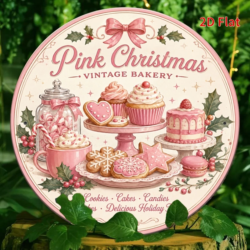 2D Flat - Decorative Sign 2D Flat, [2Dflat], 1pc 7.87X7.87inch - Metal Aluminum Tin Plaque, Pink Christmas Vintage Bakery Decor,