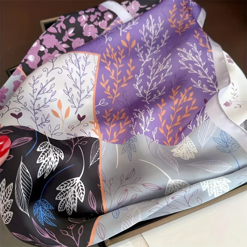 كتلة اللون الأزهار المطبوعة وشاح مربع أنيق الفرنسية رقيقة الساتان وشاح حريري واقية من الشمس الزخرفية عقال هيرباند للنساء