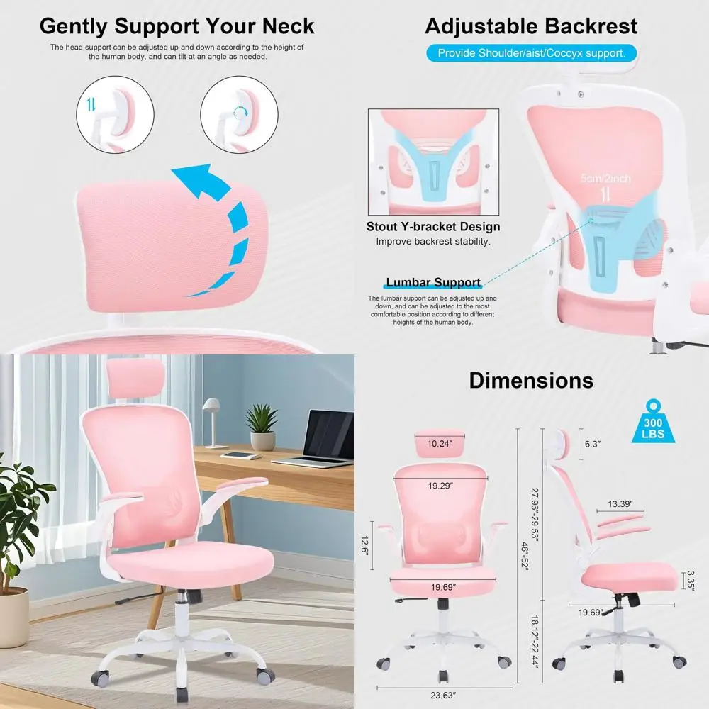 

Pink & White High-Back Ergonomic Office Chair with Flip-Up Armrests, Headrest, and Wheels for Home Use