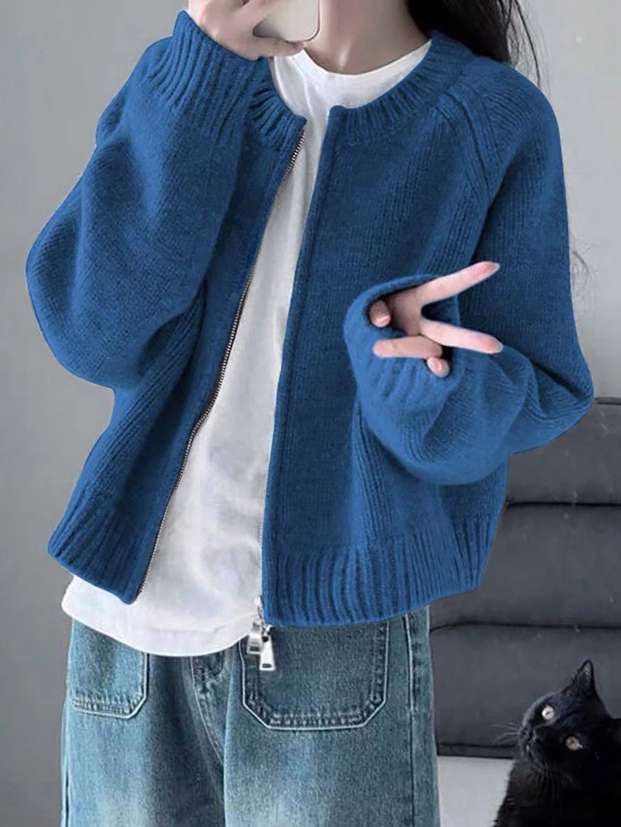 

Blue Knit Zip-Up Cardigan Sweater for Women, Loose Fit, Autumn Winter Casual Wear