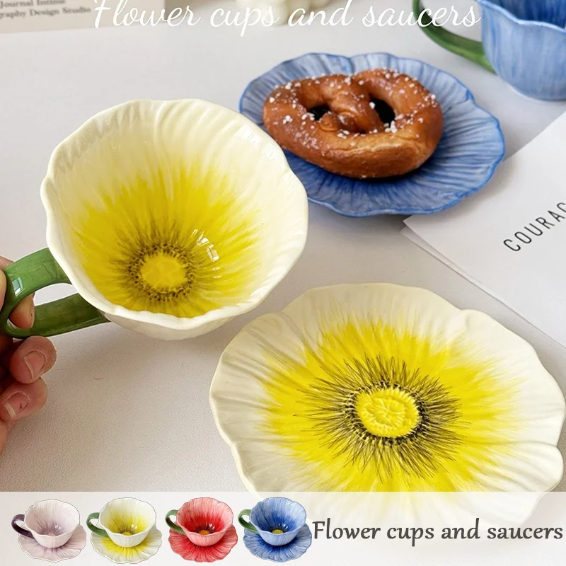 350ml Creative Ceramic Flower Coffee Cup and Saucer Set High Aesthetic Niche Design for Lady Latte Milk Coffee Afternoon Tea Mug