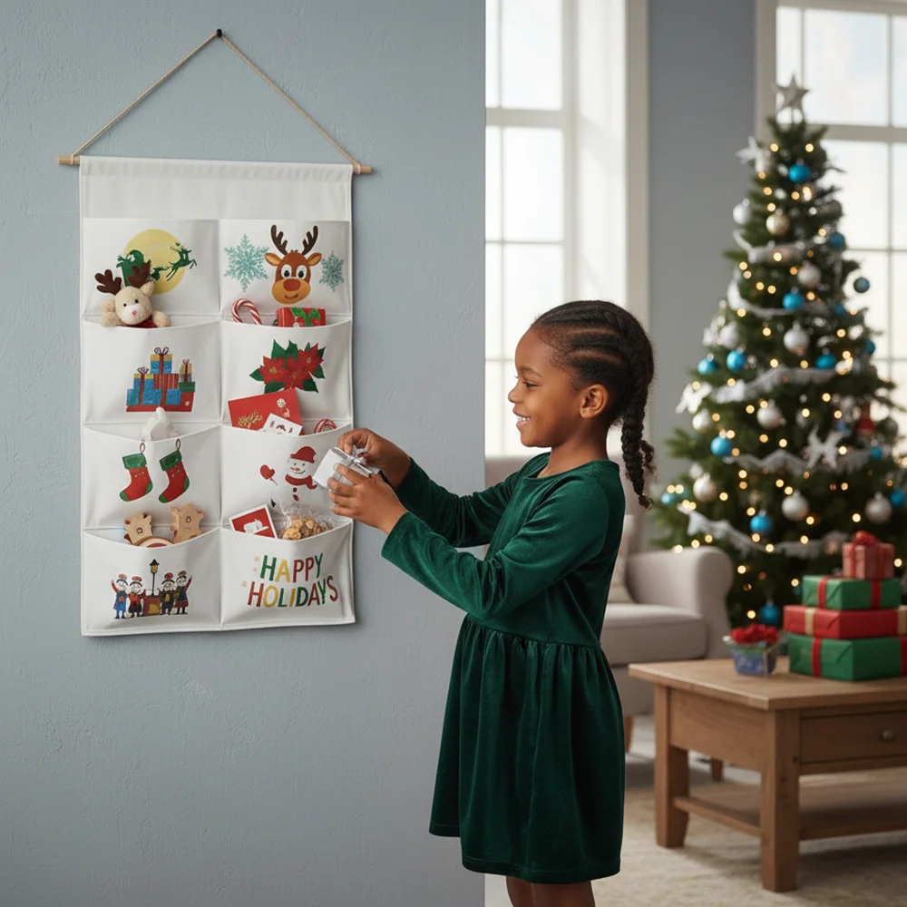 

Настраиваемые рождественские украшения с 8 карманами, персонализированный холст, календарь, настенный декор, персонализированная сумка-органайзер для подарка обратного отсчета