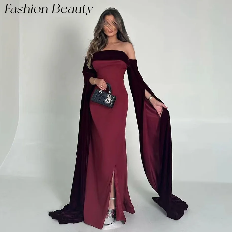 

Fashion Beauty Red Evening Dresses Off Shoulder Slit Floor-Length Formal Party Gown For Women 2024 Saudi Arabia فساتين السهرة