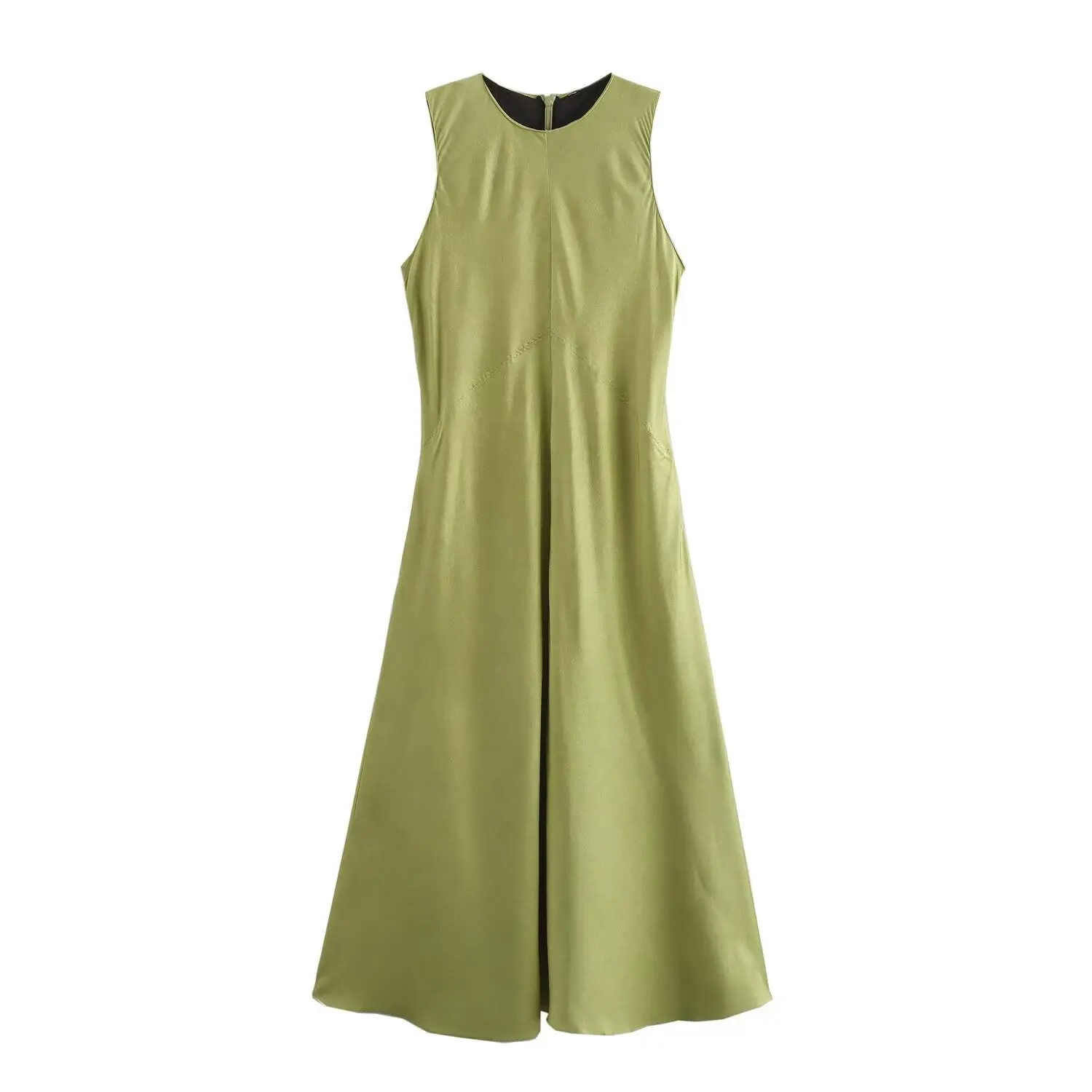 

TRAFZA Women Summer Fashion Silk Satin Textured Dress Female Crew Neck Sleeveless Dew Shoulder Zipper Midi Sexy Dress Vestidos