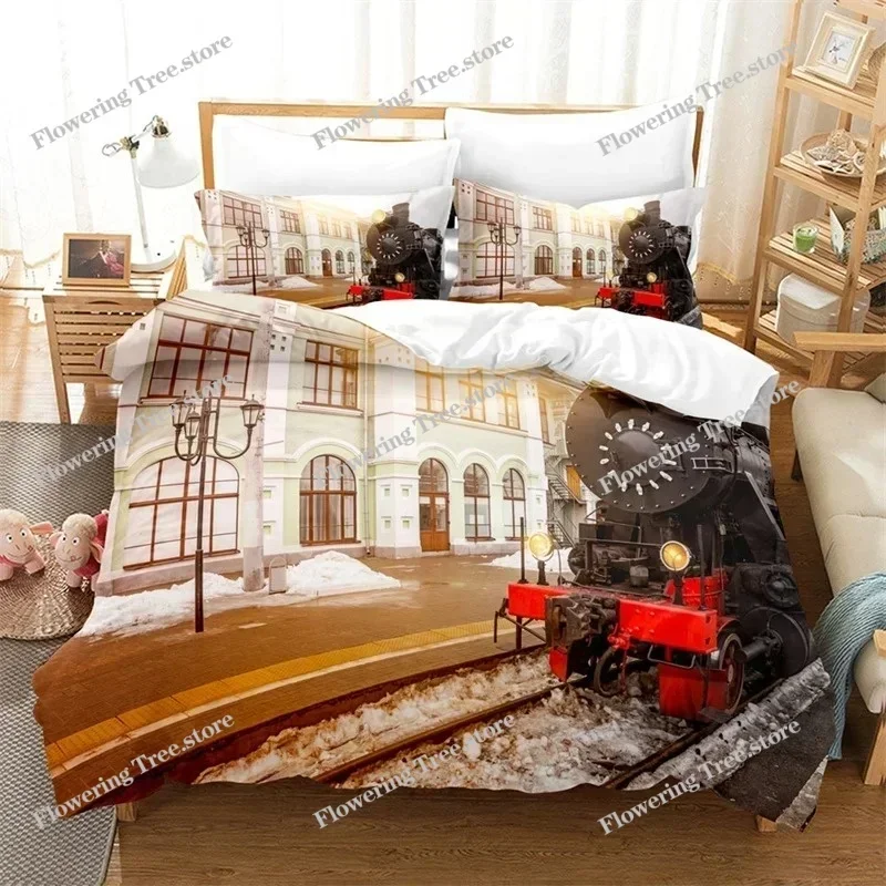 Train Duvet Cover Full Size Boys Steam Engine Bedding Set Microfiber 3D Rail Vehicles Comforter Cover For Kids Teens Room Decor0