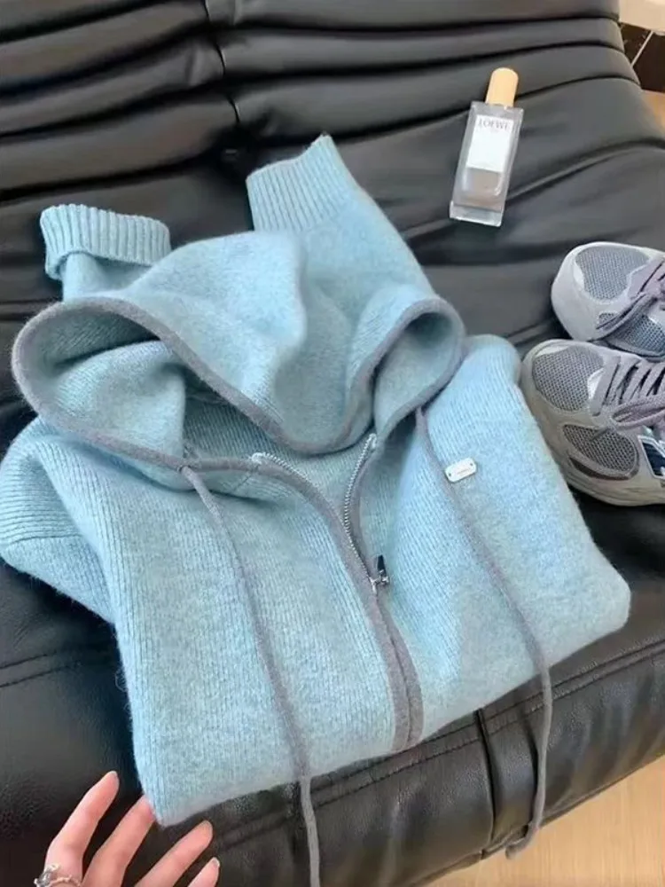 

Женский мягкий вязаный свитер с капюшоном большого размера, пальто, синий, осенне-зимний, новый корейский свободный кардиган Lazy Faion