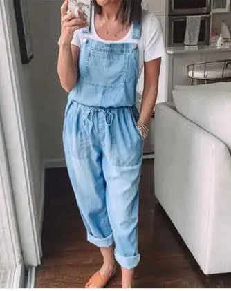 Women's Casual Sleeveless Denim Blue Jumpsuit with Pocket Tie Elastic Mid-Waist Suspender Trousers Denim Overalls Oversized XXXL