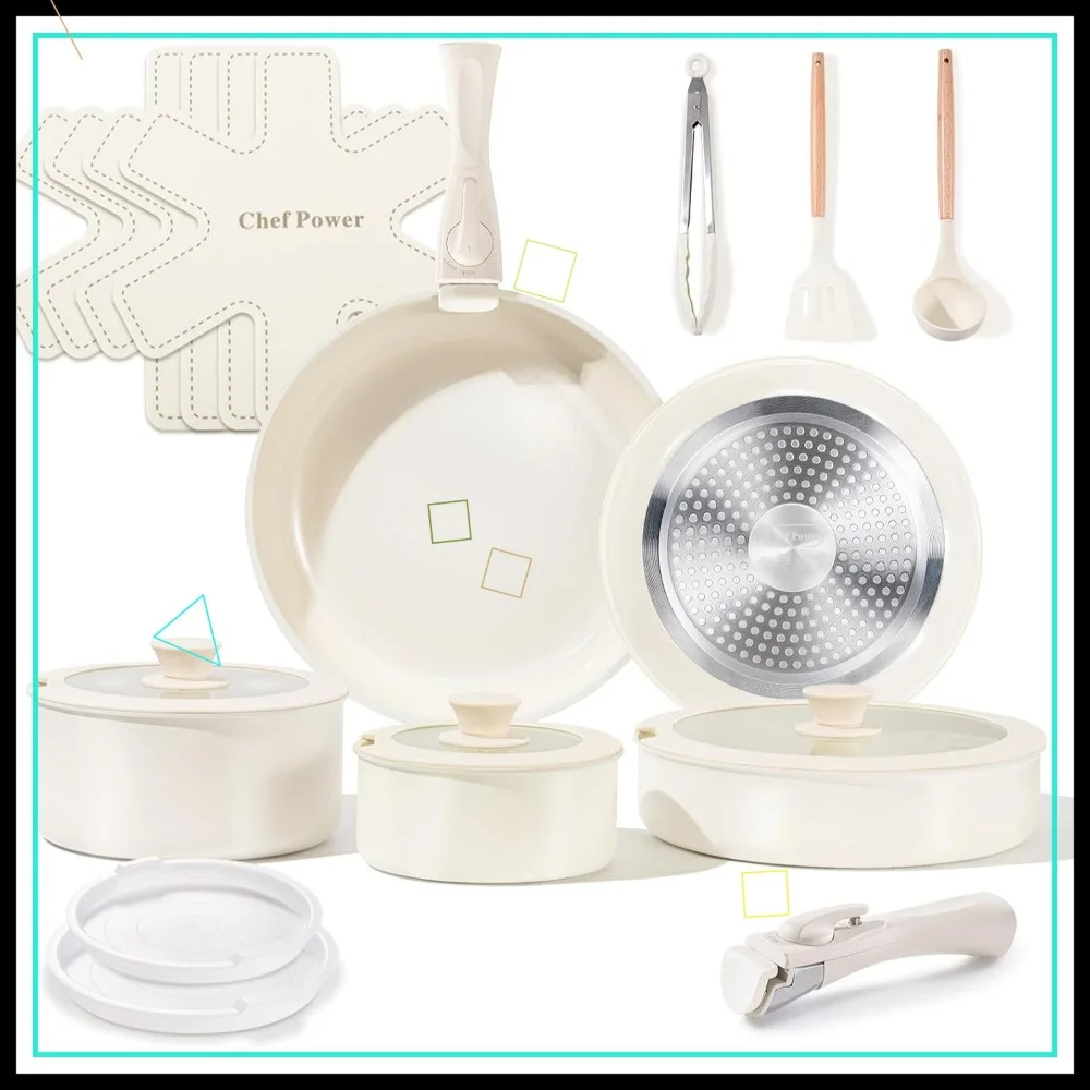 

19-Piece Ceramic Cookware Set, Non-Toxic & Detachable Handles, Induction Safe, Dishwasher & Oven Friendly, Cream White