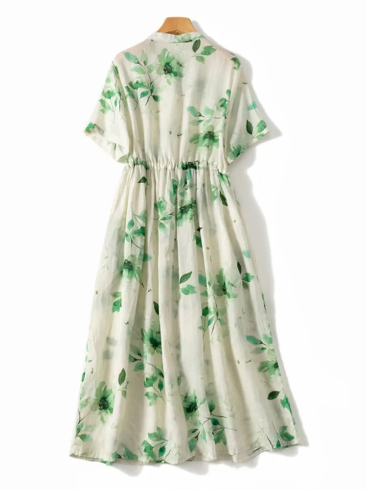 Button-up stand-up collar ramie short-sleeved cinched waist cotton and linen printed long dress