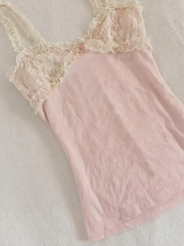 2000s American Vintage Sexy Camis Y2k Harajuku Hot Girl Slim Lace Patchwork Tanks Summer Streetwear Beach Party Sleeveless Tops