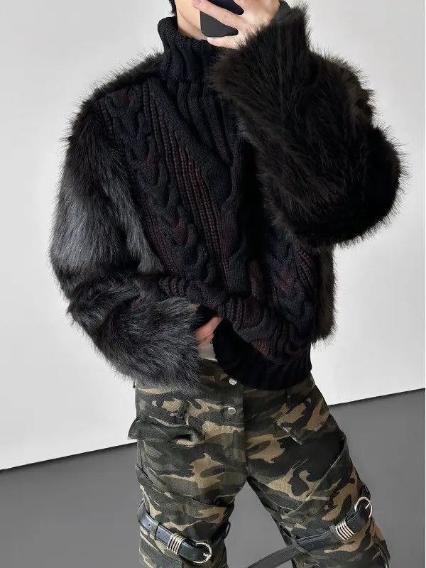 

Мужской теплый вязаный свитер с высоким воротником на осень-зиму, с меховыми вставками, из мягкой полиэстеровой пряжи, повседневная одежда