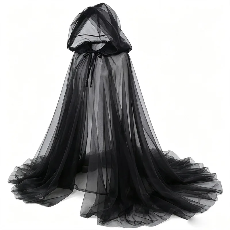 Damen Halloween Schwarzer Transparenter Tüllumhang Langer Kapuzenumhang Geister-Hexe-Vampir-Cosplay-Kostüm Karnevalsparty Faschingskleid – Detail 2