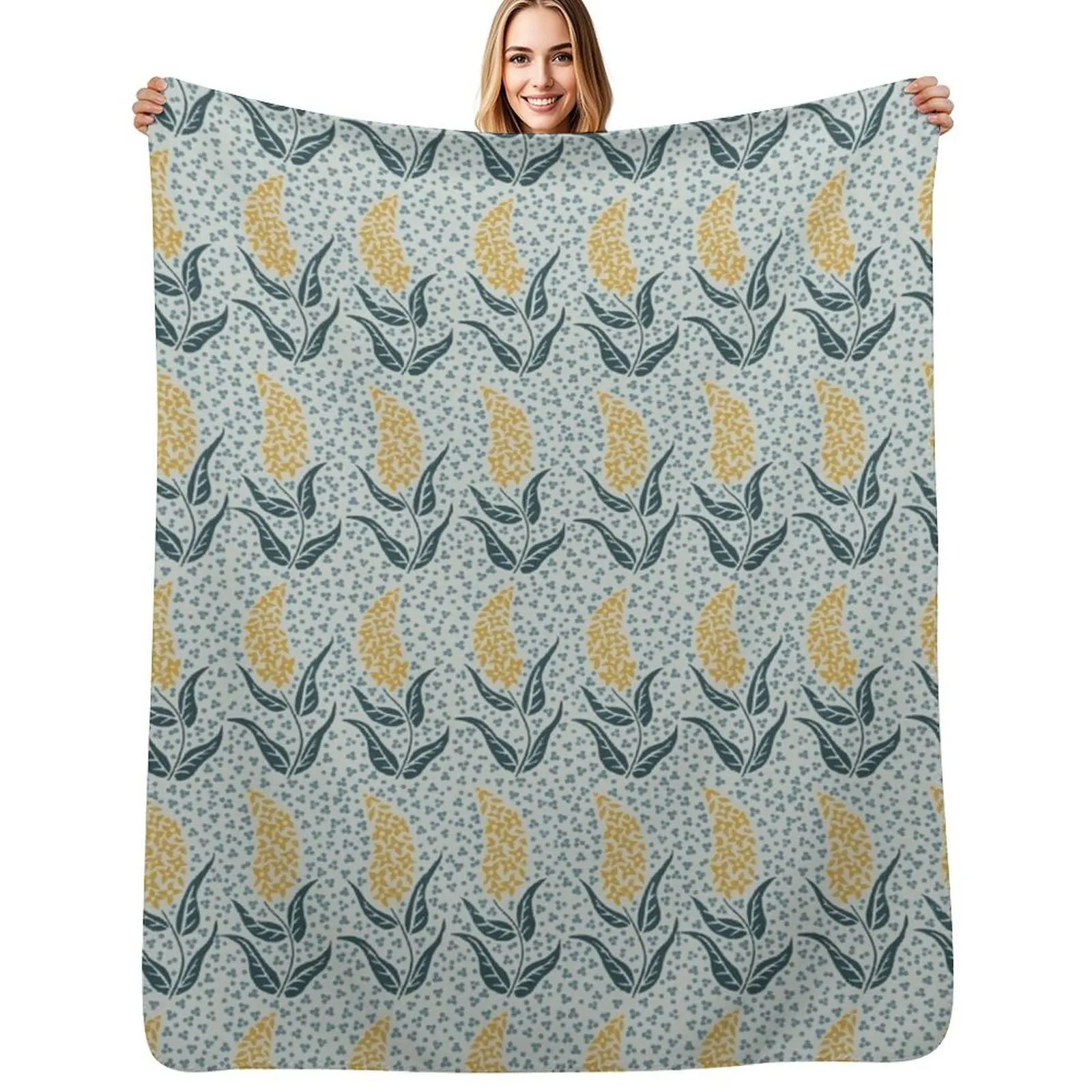 

Flower Spike in Gold with Blue, Blue & Gray Throw Blanket Extra Large Throw Designers Sofa Throw Blankets