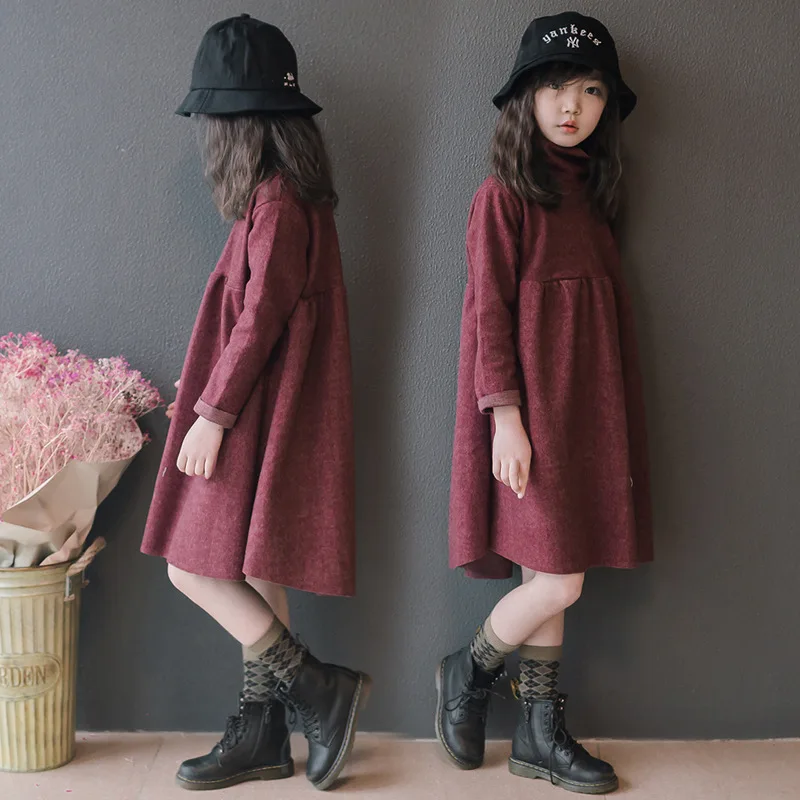 2026 New Spring Winter Turtle Kids Baby Girl Clothes Loose Patchwork Long Sleeve Princess Dress Teenager Retro 4 8 10 11 12 Year