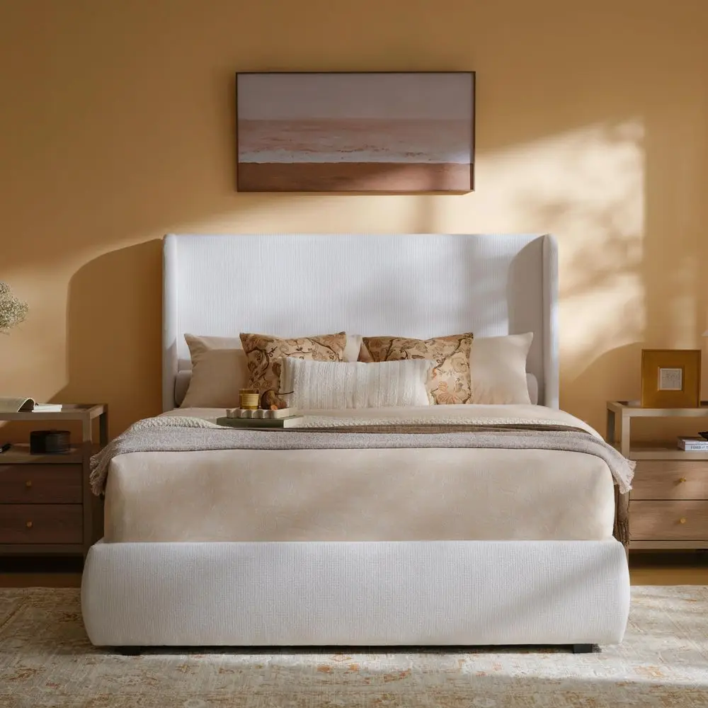 

Queen Upholstered Wingback Bed Frame, 52 Tall Cushioned Headboard, Soft Edges, Low Profile Platform Bed, Sturdy Wood Slats, No