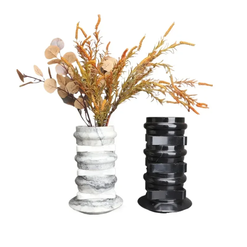 European Light Luxury Wabi Sabi Natural Marble Stacked Flower Vase Ornament for Porch Hotel Soft Decoration Home Accessories