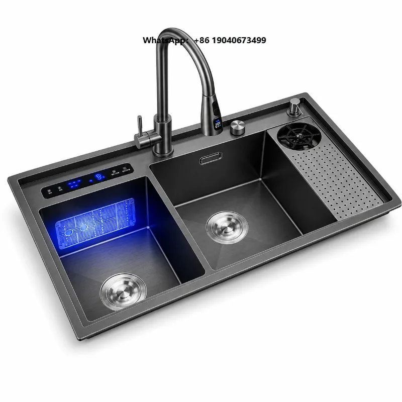 Multifunction Smart Ultrasonic Kitchen Sink Stainless Steel Built-in Workstation Sink with Cup Washer Digital Display wjr