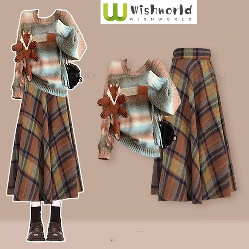 

Autumn and Winter Korean Version Set of Women's Age Reducing Knitted Sweater+slimming Plaid Skirt Two-piece Set
