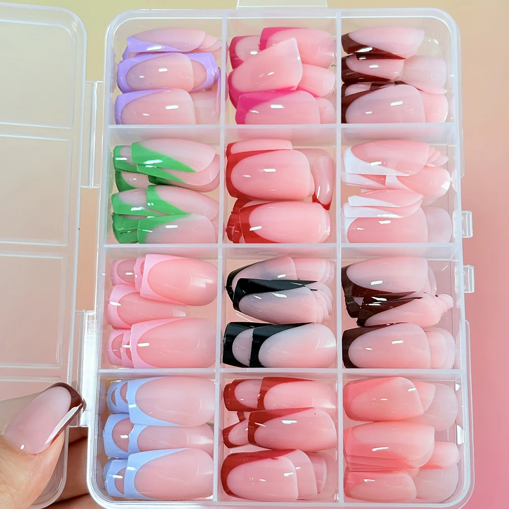 288 unids/caja mezcla de colores francés corto cuadrado prensa en uñas brillante blanco rosa francés cubierta completa uñas postizas puntas de uñas de Gel suave