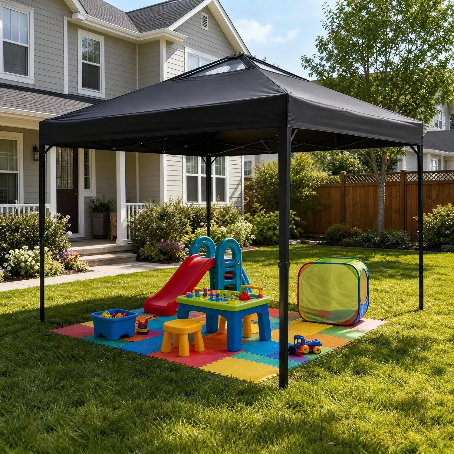 Tente de réception pliante Garvee 9x9 pieds pour extérieur, abri commercial robuste avec protection imperméable + UPF 50+, sac de transport et 4 sacs de sable inclus pour la plage, le marché des agriculteurs, noir
