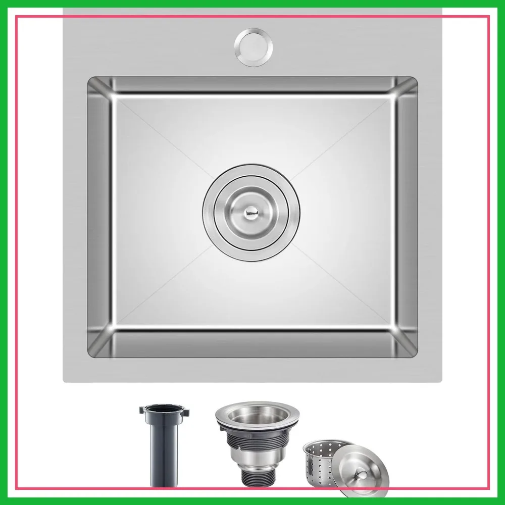 18 Inch Drop-In Kitchen Sink, Brushed 304 Stainless Steel Single Bowl Topmount, 18x18x9 Inch Small Bar Sink