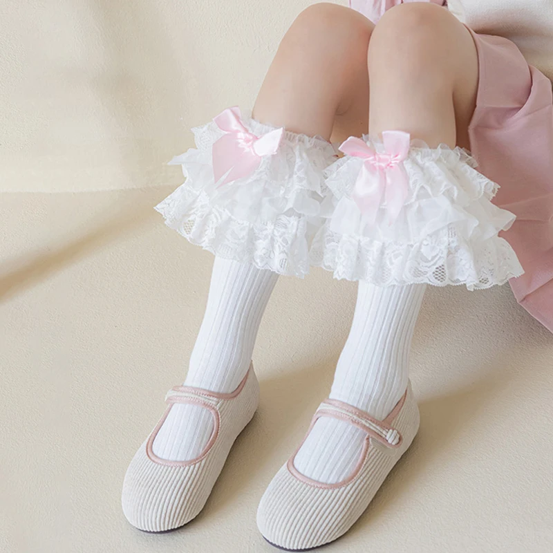 Lolita Girls Sock Bows Knee High Toddler Lace Socks Ruffle Kids Cotton Sock Cute Children's Princess Socks Dressing Party