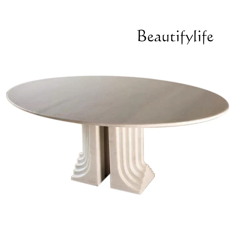 M Oval Italian Natural Marble Dining Table Designer Restaurant Model Room Villa Travertine Long Table