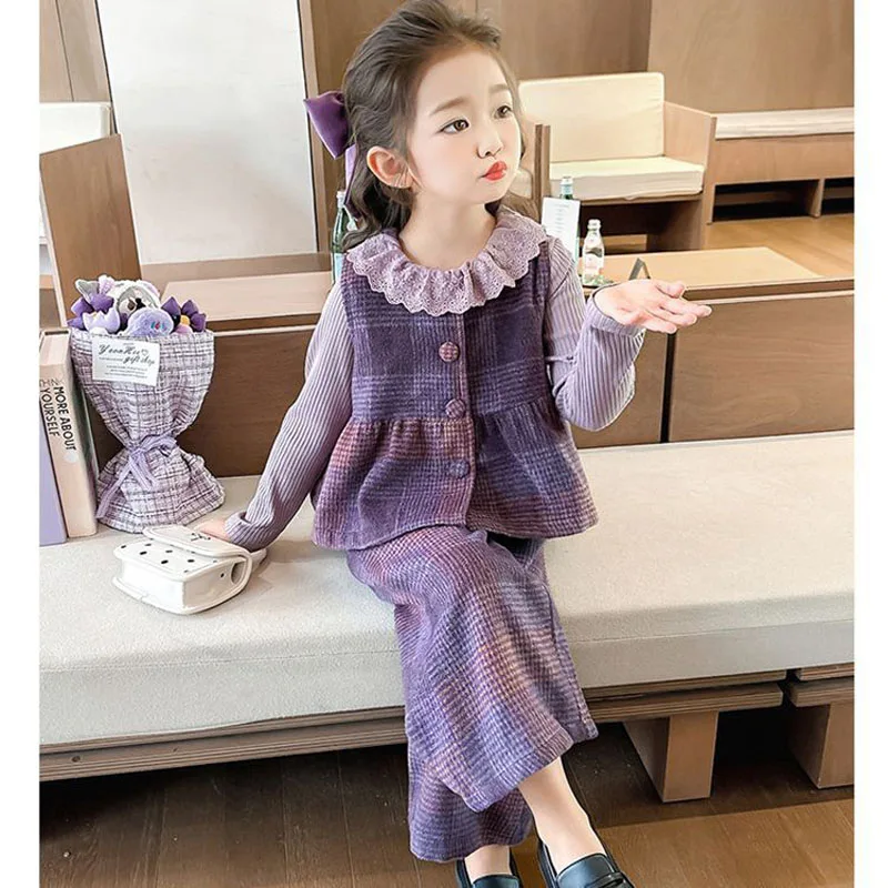 Children Fashion Elegance Tops Clothing Autumn Spring Baby Girls Clothes Set Purple stripe Vest Coat+Lapel Shirt+Pants 3Pcs Suit