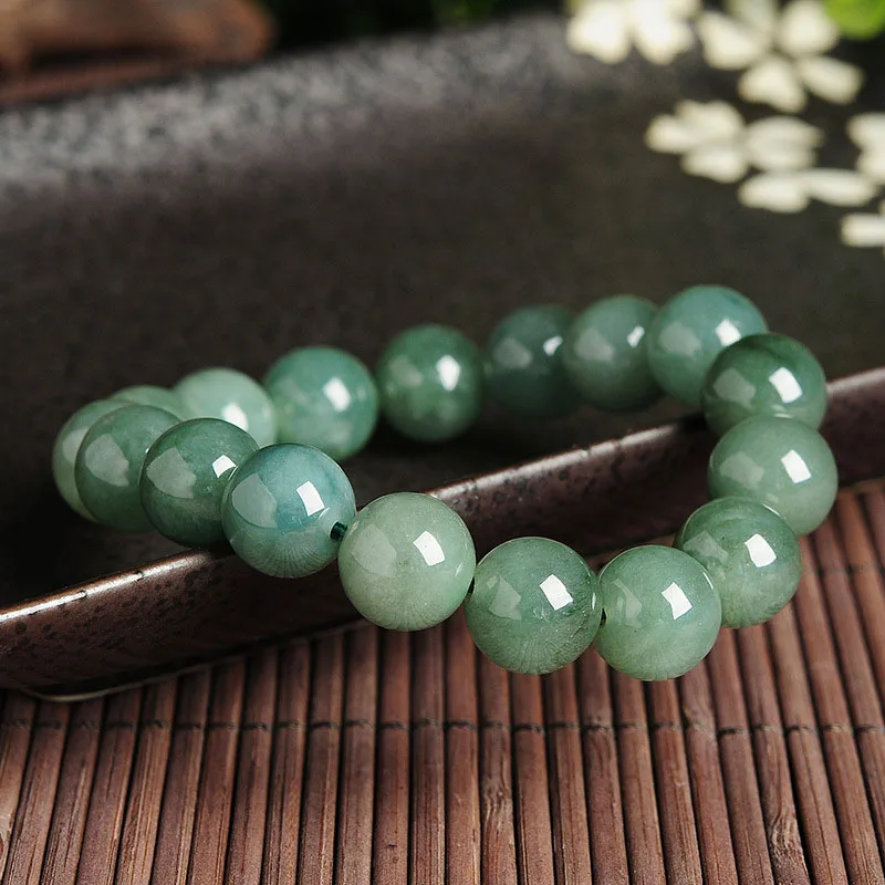 Natural Myanmar Emerald Luck Amulet Bracelets Burma Jade Stone Bracelets For Men Women Jadeite Round Beads Beaded Bangles