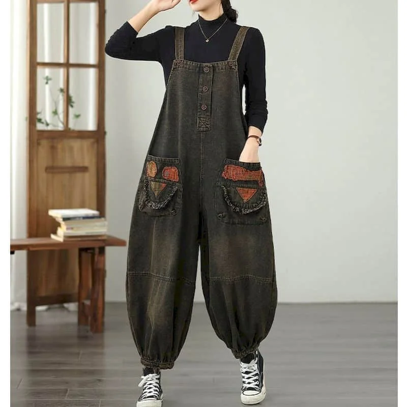 الدنيم حللا فضفاضة عادية سراويلي حريمي الكورية نمط الجينز خمر السروال القصير الفني قطعة واحدة وتتسابق الخريف النساء الملابس