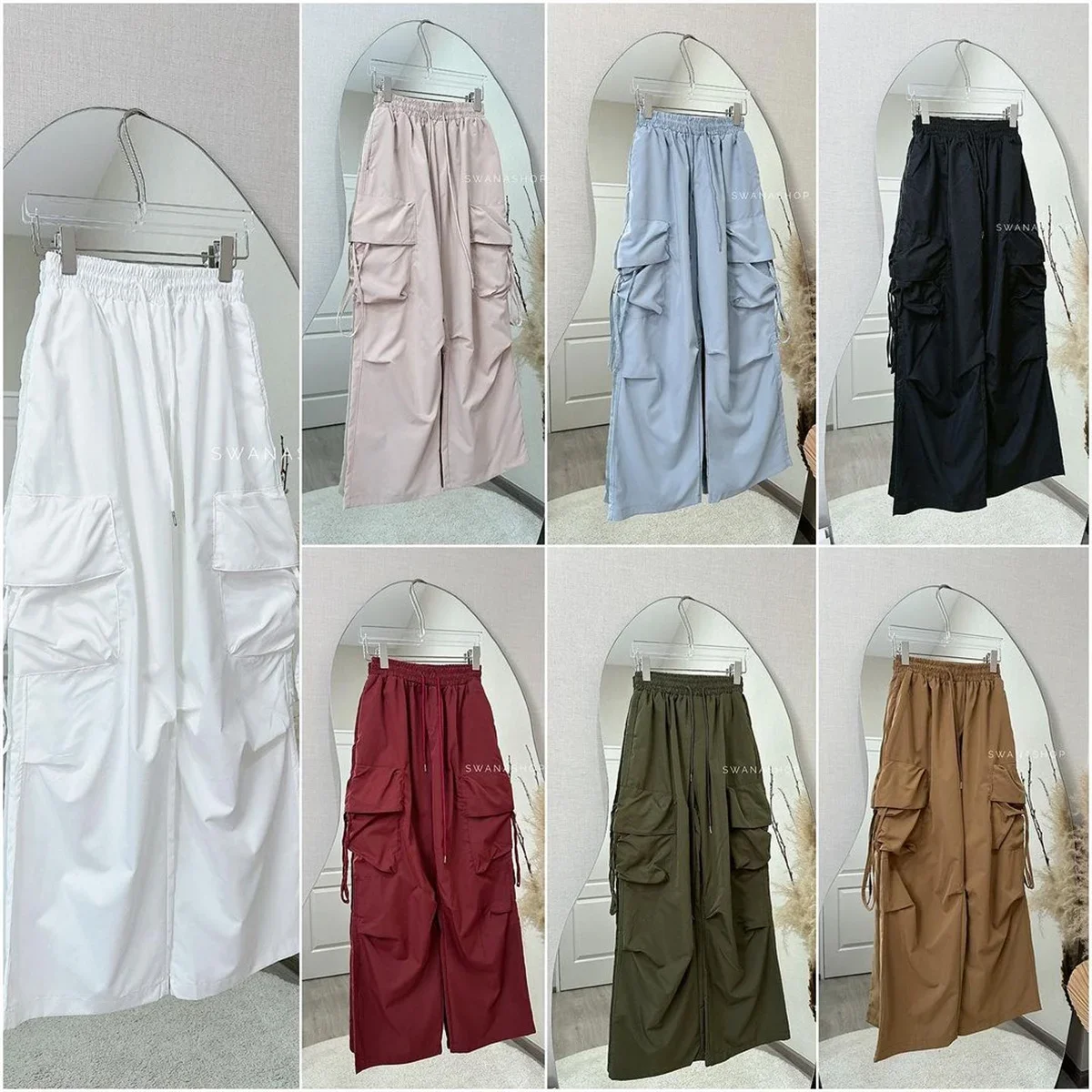 SweatPants Damen Vintage Cargo-Hosen Mode Elastischer Bund Retro Oversized Einfarbige Weite Hosen Lässige Streetwear Baggy-Hosen – Detail 4