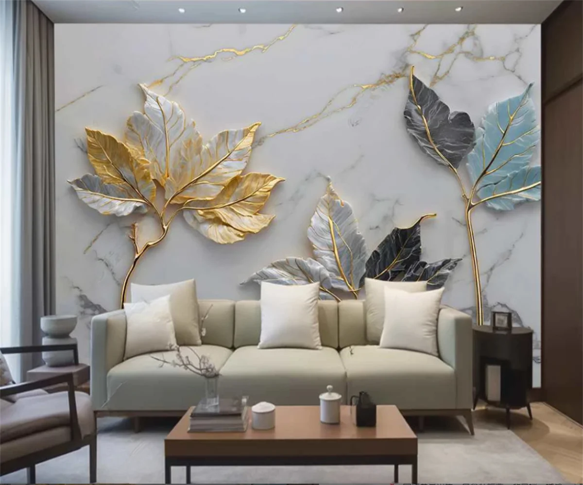 High-Definition Customized Gold Leaf Marble Wallpaper for TV Sofa Foyer Background wall Decor Custom Relief flower wallpaper