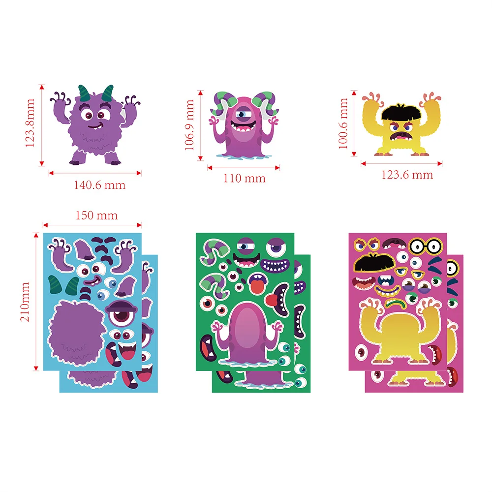 6/12Sheets Kids Stickers Puzzle Games Halloween Cartoon Monster Sticker Educational Toy Make A Face Assemble Jigsaw Boys Girls